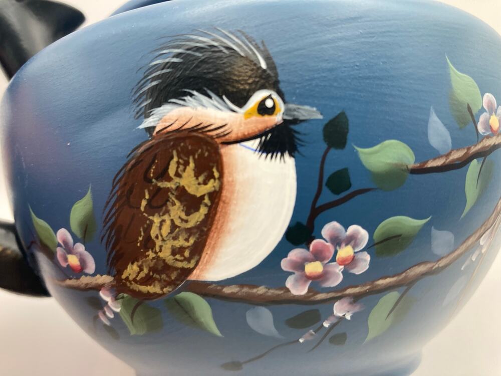 Vintage Mirro Teapot Aluminum with Lid Hand Painted Floral and Bird USA Blue